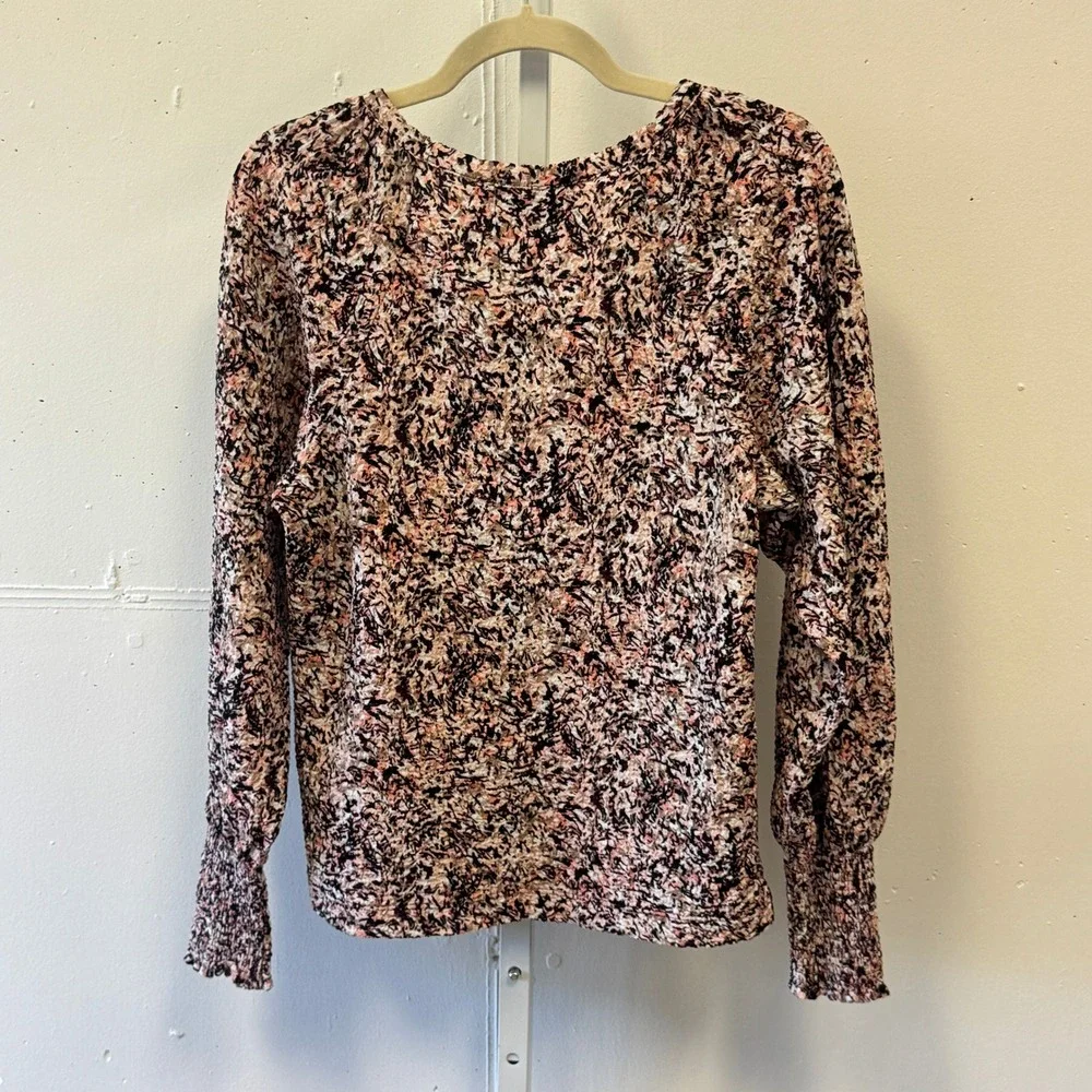 LOFT Abstract Floral Print Crinkle Knit Smocked Cuff Puff Sleeve Top Blouse XS
